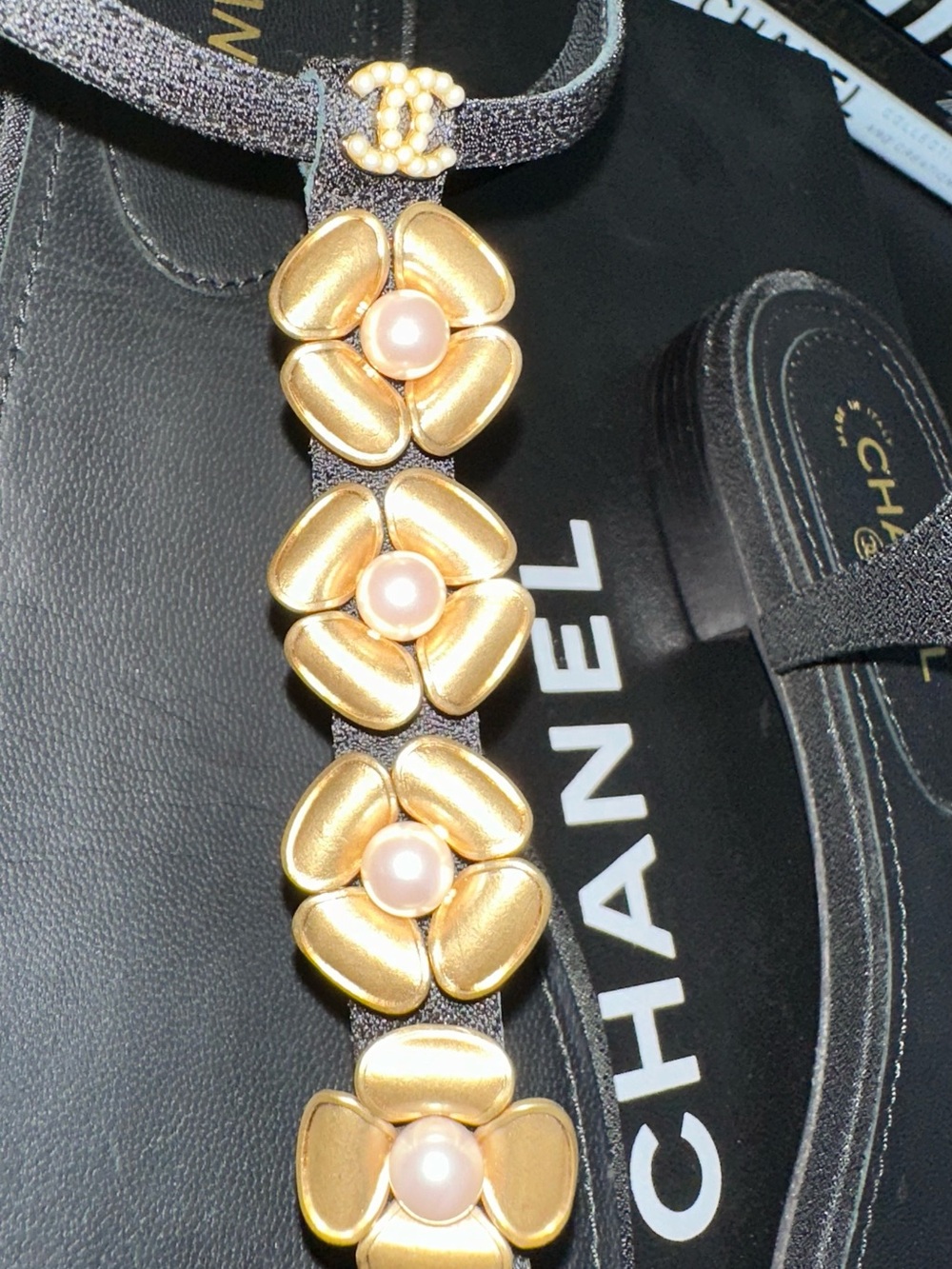 CHANEL Black Leather T-Strap Sandals with Gold/Pearl Flowers, Authentic - Picture 3 of 7